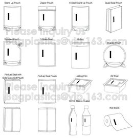 Ziplock, Pull Tab Zipper, Tear Notch, Window, Hang Hole, Valve, Tin Tie Flat Bottom, Stand Up, Side Gusset, Quad Seal