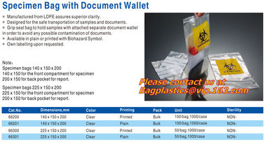 Biohazard medical specimen ziplock bag high quality zipper bag, Specimen Transport Bag Zipper Bag with a Pouch bag, pac