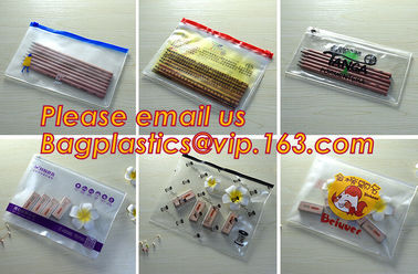 Transparent pvc slider zip bag with blue side gusset, pvc zipper lock slider bag, Zipper slider clear pvc bag for ruler