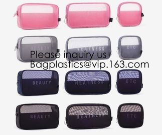 Travel toiletry pouch cosmetic makeup organizer bag zipper transparent pvc mesh bags,pouch nylon cosmetic gift bags&case