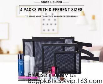 Zipper Mesh Bags, Pack of 4 (S/M/L & Pencil Pouch), Beauty Makeup Cosmetic Accessories Organizer, Travel Toiletry Kit Se