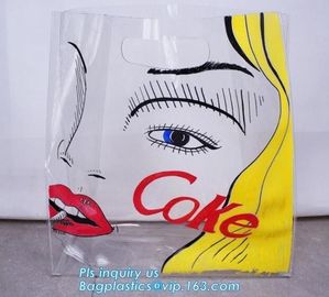 eco friendly Clear PVC soft loop handle plastic bag, PVC material gusset handle hard plastic shopping bags, die cut hand