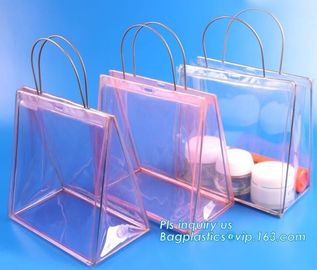 pvc packaging shopping handle bag with button, promotional clear tote pvc handle shopping bag pvc tote bag, die cut hand