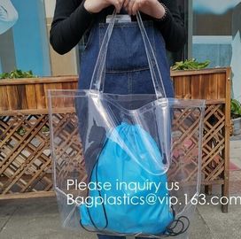 Waterproof All Over Printing PVC Coating Tote Shoulder Fabric Shopping Bag With Gusset And Lining,Jelly Clear Plastic PV