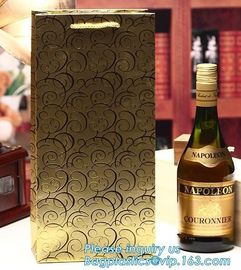 wine paper bag with handles,luxury glossy wine bottle gift paper bags,Gold Wine Gift Paper Bag with Ribbon Handles pack