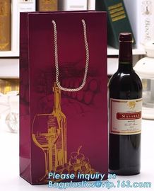 wine paper bag with handles,luxury glossy wine bottle gift paper bags,Gold Wine Gift Paper Bag with Ribbon Handles pack