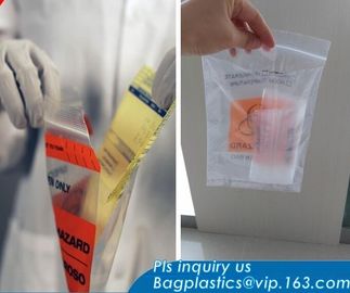 8"*10" BIOHAZARD PRINTED SPECIMEN BAGS with tear off line, 3-wall Biohazard Specimen Bags, Laboratory Specimen Transport