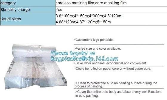 auto polyurethane masking plastic for painting 4*300m, 3m plastic auto paint masking protection film for cars, bagplasti