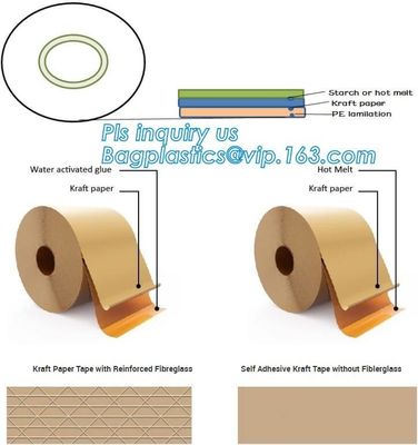 Water-activated Reinforce Kraft Gummed Paper Tape for Sealing & Strapping,Self adhesive kraft paper gummed tape bagease