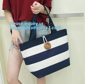 factory lowest price for wide stripe cotton canvas oxford canvas tote bag with inside small stripe lining and ziper lock