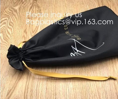 Black Satin Drawstring Bag With Gold Printing And Ribbon, Various Color Thick Matt Satin Dust Bag,Small Silver Satin Dra