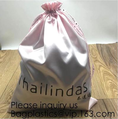 White Satin Drawstring Bag With Silver Logo,Custom Printed White Satin Drawstring Bag For Hair, Pouch For Loungwear pac