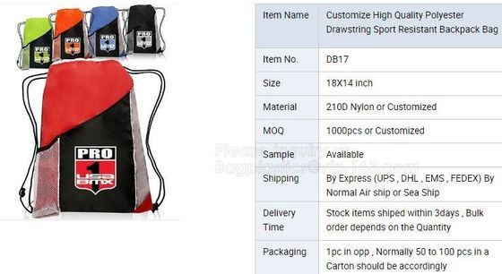 promotional Gym drawstring backpack tip quality polyester, backpack,sport resistant backpack bag,string closure shoe bag