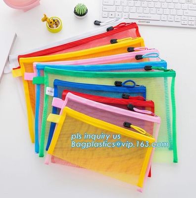 PVC zipper stationery mesh bag, office supplies custom zipper polyester mesh bag for document