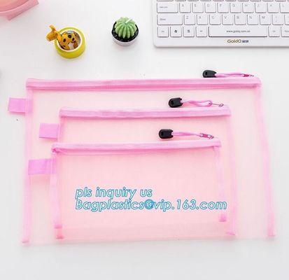 PVC zipper stationery mesh bag, office supplies custom zipper polyester mesh bag for document