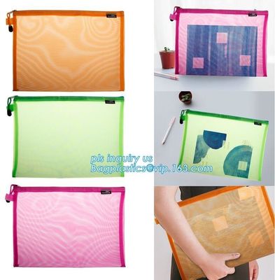 PVC Netting Ziplock Document Bag with Pocket, A4 Size ladies plastic document bag for student, Netting surface PVC pen f