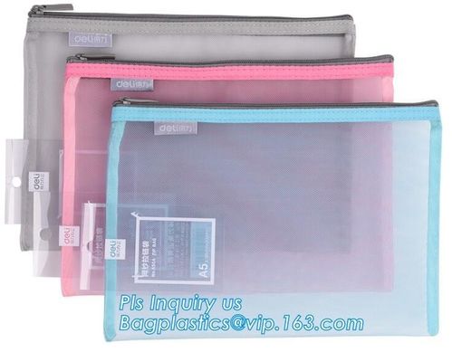 Office A4 /A5 size pvc plastic mesh zipper file bag, B6 A5 B5 A4 transparent zipper closure document file folder bags
