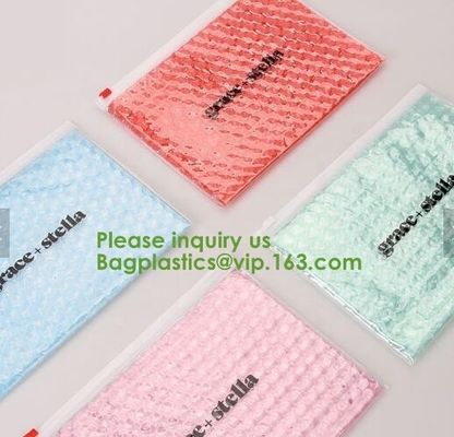 Compostable metallic glossy holographic private label bubble mailing bag, zip slider clear glitter bubble pouch bag