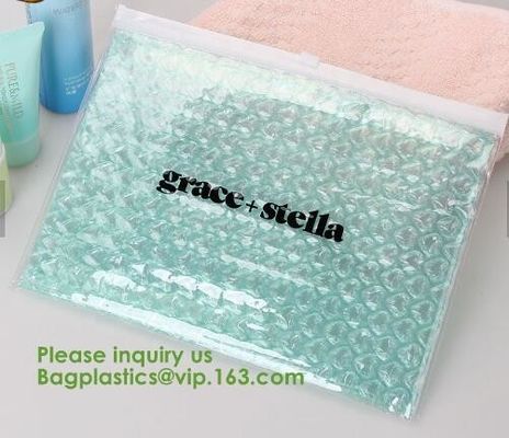 Compostable metallic glossy holographic private label bubble mailing bag, zip slider clear glitter bubble pouch bag