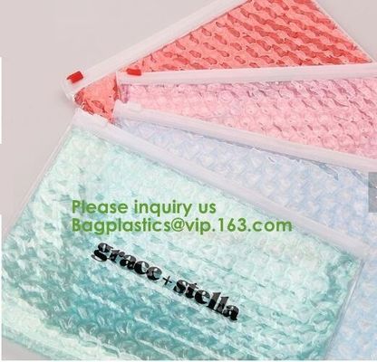 Compostable metallic glossy holographic private label bubble mailing bag, zip slider clear glitter bubble pouch bag