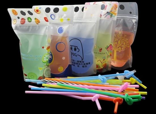 Stand Up Reclosable Zipper Clear Drink Pouches Bags with Plastic Straw, 8mil Hand-held Drinking Bags 15" Bottom Gusset
