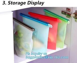 Storage preservation reusable silicone food bag,FDA reusable silicone storage food bag with ziplock in microwave bagease