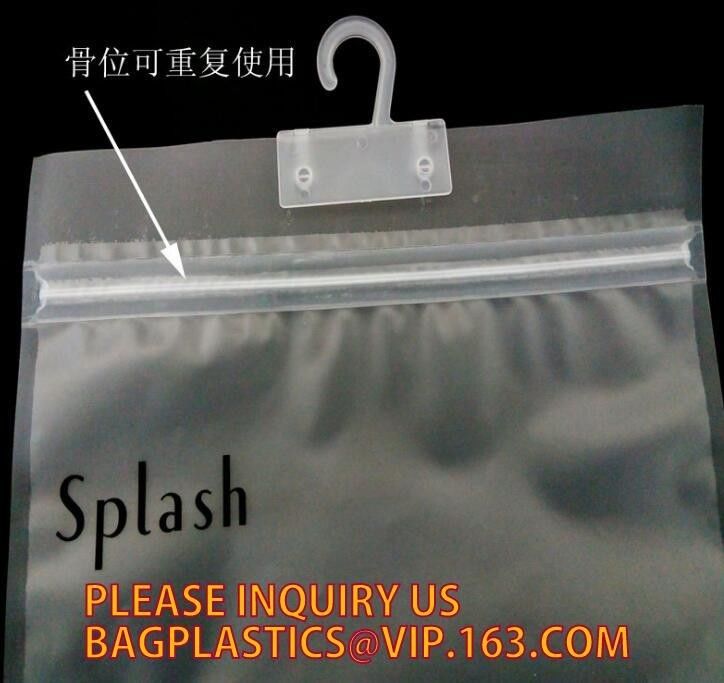 ziplock resealable plastic packaging bags for clothes, PE / PE / PP plastic zipper plastic bags for clothes, hanger hook