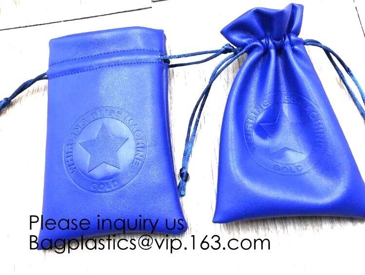 Promotional Blue PU Leather Drawstring Pouch,ultra soft inner lining Headphone Protection Pouch BagSport Beach Travel Ou