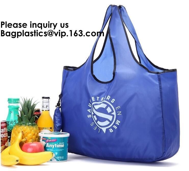 Printing Logo Polyester Handled Foldable Tote Bag With Snap Closure Foldable Bag Pocket Folding Nylon Shopping Bag